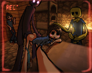 anal anal_penetration balls bodily_fluids camera clothed clothing crossgender cum erection female fully_clothed genital_fluids genitals group interspecies male male/male masturbation not_furry nude open_mouth orgasm penetration penis sex standing text ellixxr microsoft minecraft mojang xbox_game_studios steve_(minecraft) enderman human mammal undead zombie 5:4