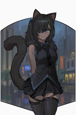 black_hair blue_eyes bottomwear breasts city clothing eyewear female glasses hair lamp legwear looking_at_viewer necktie night outside shirt skirt smile solo stockings tail topwear paintrfiend animal_humanoid cat_humanoid felid felid_humanoid feline feline_humanoid humanoid mammal mammal_humanoid 2025 2:3 digital_media_(artwork) hi_res