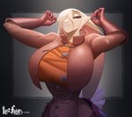 anthro big_breasts breasts cheek_tuft clothing cropped_jacket curvy_figure facial_tuft female floppy_ears fur gloves hair hair_over_eye handwear hourglass_figure huge_breasts huge_hips looking_at_viewer lop_ears personal_grooming scut_tail short_tail solo tail tight_clothing tuft white_body white_fur wide_hips hiverdose last_fables eni_siverets_(last_fables) hare lagomorph leporid mammal