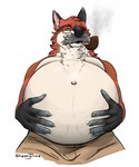 anthro belly big_belly clothed clothing eyewear facial_hair fur glasses green_eyes low-angle_view male mature_anthro mature_male musclegut muscular orange_body orange_fur overweight overweight_male partially_clothed simple_background smoke smoking_pipe solo white_background sheppyduke canid canine fox mammal