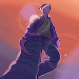ambiguous_gender angry anthro bent_leg blue_bottomwear blue_clothing blue_jeans blue_pants bottomwear clothed clothing denim denim_bottomwear denim_clothing green_clothing green_shirt green_t-shirt green_topwear hands_in_both_pockets hoodie jeans lens_flare looking_at_viewer looking_down looking_down_at_viewer open_clothing open_topwear orange_sky pants purple_body purple_clothing purple_hoodie purple_topwear shirt sky solo standing sun t-shirt tail topwear yellow_sclera beenz seb_(beenz) gecko lizard reptile scalie 1:1 2026 absurd_res digital_drawing_(artwork) digital_media_(artwork) hi_res watermark trans_(lore) trans_man_(lore)