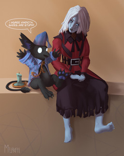 3_toes 4_fingers accessory anthro barefoot beak biped black_beak black_body black_bottomwear black_clothing black_fur black_tail black_tail_tuft blue_clothing blue_eyes blue_hat blue_headwear blue_pajamas blue_topwear bottomless bottomless_anthro bottomless_male bottomwear candle candlestick chain_accessory claws clock clothed clothed_anthro clothed_female clothed_human clothed_male clothing crescent_moon digitigrade duo empty_eyes featureless_crotch feet female female_human fingers foot_focus fur hair hat headgear headwear hindpaw humanoid_feet male male_anthro moon nightcap open_beak open_clothing open_mouth open_topwear pajamas pattern_clothing pattern_hat pattern_headgear pattern_headwear pattern_topwear paws plantigrade pocketwatch raised_arms red_clothing red_topwear semi-anthro sitting sleepwear slightly_chubby slightly_chubby_anthro slightly_chubby_male speech_bubble tail tail_tuft text toe_claws toes topwear tuft watch white_eyes white_hair young young_anthro young_male omalakai deadlock_(game) mythology valve rem_(deadlock) vindicta_(deadlock) avian chimera dream_creature gryphon human mammal mythological_avian mythological_creature 2026 4:5 hi_res