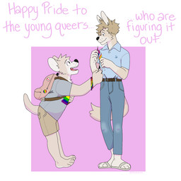 anthro backpack barefoot bisexual_pride_colors bottomwear clothing denim denim_bottomwear denim_clothing feet footwear jeans lgbt_pride male male/male nervous pansexual_pride_colors pants pride_color_clothing pride_colors sandals shoes size_difference smile p_rindustries dexter_(p_rindustries) kevin_(p_rindustries) 1:1 hi_res