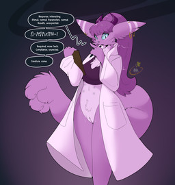 anthro breasts clipboard clothing coat dialogue ear_piercing ear_ring female fur genitals hair holding_clipboard holding_object horn lab_coat looking_at_viewer multi_nipple nipples open_mouth piercing prehensile_tail purple_body purple_fur purple_hair ring_piercing simple_background solo standing tail text topwear vulva maynara species_request 2026 digital_media_(artwork) english_text hi_res