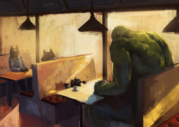 ambiguous_gender anthro beverage clothed clothing coffee diner ear_piercing feral food green_body green_skin group male piercing restaurant topless racoonwolf canid canine humanoid mammal orc procyonid raccoon 2014
