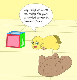 ambiguous_feral ambiguous_gender amputee baby_talk dialogue disability dummy feral fur green_eyes helpless neonate sad simple_background solo speech_bubble struggling tail text toy_block yellow_body yellow_fur yellow_tail young young_ambiguous young_feral carpdime fluffy_pony fluffy_pony_(species) mammal 2014 digital_media_(artwork) english_text