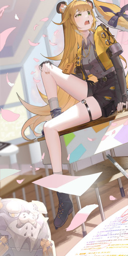 animal_ears bare_legs belt bent_leg black_bottomwear black_clothing black_shorts blonde_hair blue_clothing blue_footwear blue_shoes bodily_fluids bottomwear clothed clothing collared_shirt colored_nails desk dress_shirt female fluffy_ears footwear furniture green_eyes grey_dress_shirt hair hair_between_eyes jacket long_hair math nails open_clothing open_jacket open_mouth open_topwear petals pink_petals ribbon_tail school_desk shirt shoes shorts sitting socks striped_hair table tears teeth topwear two_tone_tail white_clothing white_footwear white_socks window yellow_clothing yellow_jacket_(clothing) yellow_nails yellow_topwear daze_(pixiv) mihoyo zenless_zone_zero ju_fufu animal_humanoid felid felid_humanoid humanoid mammal mammal_humanoid pantherine pantherine_humanoid thiren tiger_humanoid absurd_res hi_res