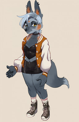 5_fingers amber_eyes anthro biped black_choker black_jewelry black_necklace bottomwear choker clothed clothed_anthro clothed_female clothing ear_piercing ear_ring facial_markings female female_anthro fingers footwear front_view fully_clothed fully_clothed_anthro fully_clothed_female fur grey_background grey_body grey_fur grey_tail hair head_markings jacket jewelry letterman_jacket markings midriff miniskirt monotone_background navel navel_piercing necklace pawpads piercing plantigrade ring_piercing shoes short_hair simple_background skirt socks solo standing tail topwear white_hair zeighous desiree_(zeighous) canid canine fox mammal 2024 digital_media_(artwork) full-length_portrait hi_res portrait