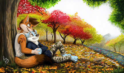 anthro anthro_on_anthro black_nose blue_body blue_clothing blue_fur blue_jacket blue_topwear bottomwear brown_eyes brown_hair cheek_tuft closed_smile clothed clothing day duo facial_tuft fur glistening glistening_eyes hair hug hugging_another hugging_from_behind jacket logo looking_up male male/male mouth_closed orange_body orange_fur outside pants plant raining sitting smile topwear tree tuft white_body white_clothing white_fur white_topwear pandapaco canid canine mammal mustelid otter absurd_res artist_logo hi_res signature