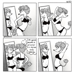4_panel_comic anthro belly bikini bikini_bottom bikini_top bra breasts butt clothing female navel panties skinny swimwear tail text two-piece_swimsuit underwear wide_hips moowsiie dog_haus jillian_(dog_haus) canid canine canis domestic_dog mammal poodle 1:1 comic digital_drawing_(artwork) digital_media_(artwork) english_text hi_res monochrome