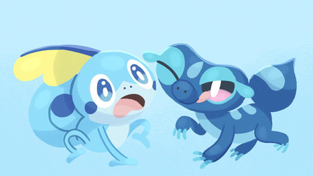 ambiguous_gender blue_body blue_eyes duo feral looking_at_viewer one_eye_closed open_mouth purple_eyes simple_background tail tongue tongue_out ririkodraw nintendo pokemon pokemon_winds_and_waves gecqua generation_10_pokemon generation_8_pokemon lizard pokemon_(species) reptile scalie sobble 16:9 2026 hi_res widescreen