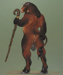 animal_genitalia animal_penis anthro anus backsack balls bovine_genitalia bovine_penis brown_body brown_tail butt ear_piercing ear_ring facial_piercing genitals green_background grey_hooves holding_object holding_staff hooves lemon_testicles looking_at_viewer male male_anthro mouth_closed multiple_piercings musclegut muscular muscular_anthro muscular_male narrowed_eyes nose_piercing nose_ring nude orange_eyes penis penis_tip piercing puffy_anus rear_view ring_piercing saggy_balls septum_piercing septum_ring sheath simple_background solo staff standing tail tail_tuft tuft scarlanya bryn_(caleblper) bovid bovine cattle mammal absurd_res full-length_portrait hi_res portrait
