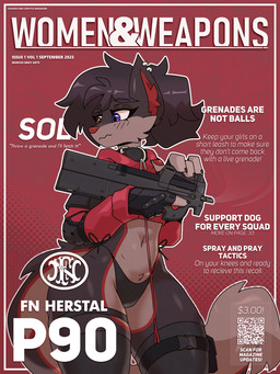 anthro black_clothing black_hair black_panties black_underwear blush brown_body brown_fur cheek_tuft clothing collar cropped_jacket ear_piercing elbow_pads facial_tuft female fingerless_gloves fluffy fluffy_tail fur gloves gun hair handwear heterochromia holding_gun holding_object holding_ranged_weapon holding_weapon inner_ear_fluff leash leashed_collar leg_strap legwear looking_away midriff navel p90 panties piercing purple_eyes ranged_weapon red_eyes shy simple_background solo stockings string_panties submachine_gun tail text tuft underwear weapon marcus_gray fabrique_nationale_herstal femboys_and_firearms canid canine canis domestic_dog mammal 3:4 cover english_text hi_res magazine_cover
