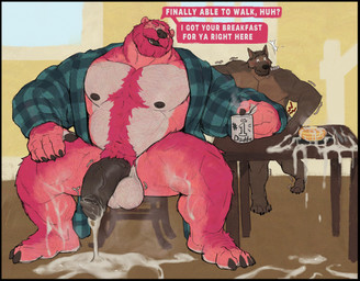 anthro balls barefoot belly_tuft bodily_fluids bottomless bowl brown_body brown_fur chest_tuft claws clothed clothing container cum cum_drip cum_everywhere cum_in_bowl cum_in_container cum_on_ground cum_on_leg cum_on_table cup dialogue dripping duo feet fur genital_fluids genitals holding_container holding_cup holding_mug holding_object inside male male/male messy mug multicolored_body musclegut muscular muscular_anthro muscular_male navel nipples nude open_clothing open_shirt open_topwear pattern_clothing pattern_shirt pattern_topwear penis pink_body pink_fur pink_pupils plaid plaid_clothing plaid_shirt plaid_topwear pupils shaking shaking_arms shaking_legs shirt shirt_only slightly_chubby slightly_chubby_anthro slightly_chubby_male speech_bubble text throbbing throbbing_balls throbbing_penis topwear topwear_only tuft two_tone_body vein veiny_penis white_sclera marius_tygo bear canid canine canis mammal wolf absurd_res english_text hi_res
