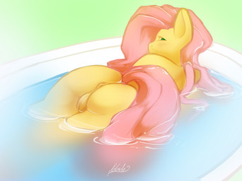 anus bath blue_eyes butt female fur genitals hair looking_at_viewer looking_back partially_submerged pink_hair raised_tail solo tail vulva water wet yellow_body yellow_fur libido_(artist) friendship_is_magic hasbro my_little_pony fluttershy_(mlp) equid equine horse mammal pony hi_res