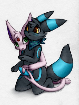 ambiguous_gender anthro bite black_body black_fur blue_blush blue_kerchief blue_neckerchief blue_penis blush duo erection forked_tail fur genitals green_eyes head_tuft hug hugging_another hugging_from_behind kerchief kerchief_only kneeling kneeling_on_ground male male/ambiguous mostly_nude neckerchief neckerchief_only neckwear pattern_kerchief pattern_neckerchief penis sex shoulder_bite simple_background tail tail_around_penis tail_fetish tail_play tail_sex tailjob tuft unusual_anatomy unusual_tail white_background yellow_eyes bloominglynx nintendo pokemon eeveelution espeon generation_2_pokemon pokemon_(species) umbreon 2020 3:4 digital_media_(artwork) hi_res mixed_media shaded traditional_media_(artwork)