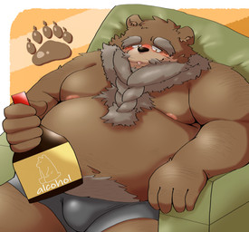 anthro belly big_belly black_nose blush brown_body bulge clothing drunk furniture humanoid_hands kemono male mature_male moobs nipples overweight overweight_male sitting sofa solo substance_intoxication underwear yanununununu bear mammal 2023 absurd_res hi_res