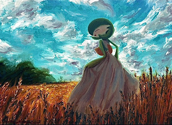 ambiguous_gender cloud eyes_closed green_pseudo_hair happy open_mouth plant pseudo_hair sky solo white_body gyuragyura nintendo pokemon gardevoir generation_3_pokemon humanoid pokemon_(species) 2025 signature