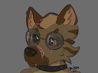 anthro beard brown_body brown_fur collar ear_piercing eyewear facial_hair fur glasses male piercing red_eyes scar simple_background solo spiked_collar spikes yellow_sclera worfix zexfero_(worfix) hyena mammal 4:3 hi_res