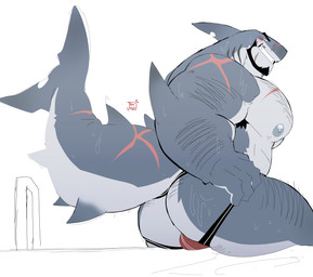 anthro armpit_hair barazoku beard big_butt big_muscles big_pecs big_tail blush body_hair bulge bulge_from_behind butt chest_hair clothed clothing facial_hair furrowed_brow grin hairy jockstrap jockstrap_only looking_at_viewer looking_back looking_back_at_viewer male muscular muscular_male nipples pecs scar simple_background sitting smile solo tail thick_tail three-quarter_view topless underwear underwear_only wet wet_body wet_butt jjemmin fish marine shark 2025 hi_res