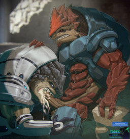 3_fingers abs armor balls bodily_fluids cum cum_in_mouth cum_inside cumshot dominant dominant_male duo ejaculation erection fellatio fingers genital_fluids genitals male male/male muscular muscular_male oral penile penis sex todex bioware electronic_arts mass_effect grunt_(mass_effect) urdnot_wrex alien krogan hi_res