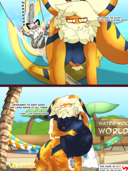 accidental_vore amusement_park anthro big_breasts breasts duo female female/female female_pred genitals navel nipples nude slide tail text unbirthing vaginal vore vulva water_park vextrix arc_vap asphinx vextrix_(vextrix) felid mammal pantherine snow_leopard comic english_text hi_res