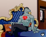 abs anthro beckoning bed bedroom bottomwear closet clothed clothing furniture gesture hair inviting looking_at_viewer male muscular muscular_male paint painted_chest pants pecs smile solo topless topless_male gepredators disney star_vs._the_forces_of_evil toffee_(svtfoe) septarian hi_res