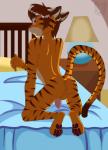 anthro anus backsack balls bed bedding biped blanket butt furniture hair half-erect lamp male nude pawpads paws penis pillow solo stripes miharu_okami saba felid mammal pantherine tiger hi_res