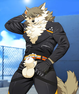 animal_genitalia anthro balls bottomwear clothed clothing genitals jacket leather leather_clothing leather_jacket leather_topwear male open_bottomwear open_clothing open_pants pants penis penis_tip sheath solo topwear rossciaco estab_life urura canid canine canis mammal wolf hi_res