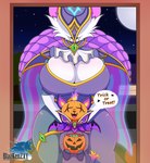 anthro big_breasts black_body black_fur breasts candy cleavage clothed clothing dessert dialogue duo eyes_closed fangs female fire food for_a_head fruit fur gem hat headgear headwear holidays jewelry larger_female multicolored_body multicolored_fur multicolored_tail obscured_eyes plant pumpkin pumpkin_head simple_background size_difference speech_bubble tail teeth text thick_thighs trick-or-treating two_tone_body two_tone_fur white_body white_fur wide_hips wings witch_hat blazkenzxy halloween league_of_legends riot_games tencent anivia_(lol) bewitching_anivia_(lol) bewitching_yuumi yuumi_(lol) bat domestic_cat felid feline felis mammal object_head 2022 digital_drawing_(artwork) digital_media_(artwork) english_text hi_res signature