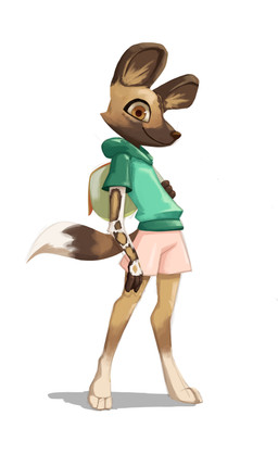 3_fingers 3_toes ambiguous_gender anthro backpack barefoot bottomwear brown_body brown_eyes brown_fur brown_nose clothed clothing feet fingers fur green_clothing green_hoodie green_topwear hoodie looking_at_viewer markings shorts simple_background smile smiling_at_viewer solo spots spotted_body spotted_fur standing tail tan_body tan_fur toes topwear white_background miakameron canid canine mammal absurd_res digital_media_(artwork) full-length_portrait hi_res portrait