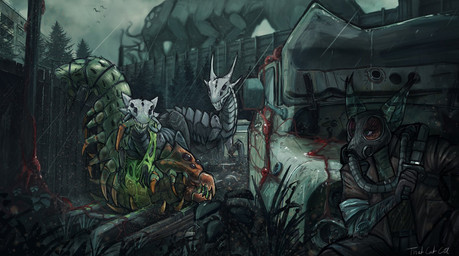 ambiguous_anthro ambiguous_feral ambiguous_gender anthro blood bodily_fluids brown_clothing brown_jacket brown_topwear clothed clothing colored_blood feral gore green_blood green_body green_eyes group holding_knife holding_object jacket knife mask open_mouth outside raining sharp_teeth teeth topwear unusual_blood unusual_bodily_fluids wearing_mask white_body acidic arthropod centipede myriapod