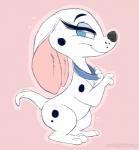 3_toes black_nose blue_collar blue_eyes collar collar_only eyelashes feet fur looking_aside looking_at_viewer nude outline pink_background simple_background smile solo standing toes white_body white_fur prettypinkpony 101_dalmatians disney cadpig canid canine canis dalmatian domestic_dog mammal 2016 digital_drawing_(artwork) digital_media_(artwork) sketch watermark