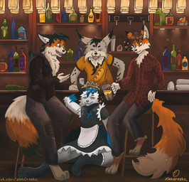 anthro bar black_hair blue_hair brown_hair bubble clothing drunk drunk_bubble fur grey_body grey_fur group hair laugh maid_uniform male multicolored_body multicolored_fur red_body red_fur substance_intoxication tavern uniform white_body white_fur xleb0rezka rocky_(xleb0rezka) canid canine felid feline fox lynx mammal hi_res