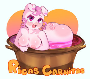 anthro arm_under_breasts ass_up bathtub big_butt blush breasts butt cooking_pot curled_tail curly_hair female hair heart_background heart_symbol looking_at_viewer nipples open_mouth partially_submerged pink_body pink_hair pink_liquid pink_nipples simple_background small_breasts smile smiling_at_viewer solo tail white_background nupi domestic_pig mammal suid suine sus_(pig) hi_res