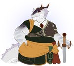 anthro black_body brown_nails clothing colored_nails green_clothing grey_body holding_object horn jewelry male melee_weapon nails necklace orange_clothing overweight red_clothing red_eyes simple_background solo sword weapon white_body valerayu mythology dragon mythological_creature mythological_scalie scalie 2024 hi_res