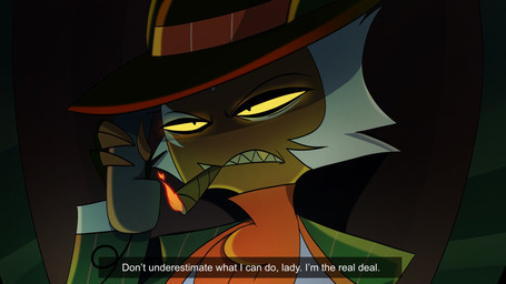 cellphone chair cigarette clothing dialogue electronics fake_screencap formal_clothing formal_wear furniture hair hat headgear headwear landline_phone male on_phone phone red_clothing simple_background smartphone smoking smoking_cigarette solo text white_hair white_text yellow_eyes teathekook hellaverse helluva_boss crimson_(helluva_boss) imp 16:9 hi_res subtitled widescreen