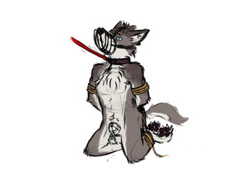 anthro bdsm bondage bound chastity_cage chastity_device collar fur grey_body grey_fur kneeling leash leash_pull male muzzle_(object) clenonwolf canid canine canis mammal wolf absurd_res hi_res