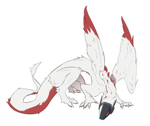 all_fours ambiguous_gender claws feral fur furred_wings hunched_over markings pawpads paws raised_wings red_markings robotic screen screen_eyes screen_face solo spread_wings tail tail_tuft tapering_tail tuft white_body white_fur wings gagaga_ram mythology dragon furred_dragon furred_scalie mythological_creature mythological_scalie scalie hi_res