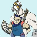 beard bodily_fluids bottle container drooling duo dwarfism facial_hair harness male mask not_furry saliva unknown_artist krieg_(borderlands_2) salvador_(borderlands_2) human mammal 1:1 low_res thumbnail