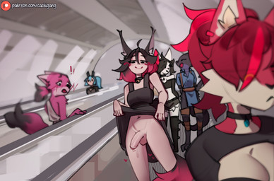 anthro balls blush bottomless bottomless_humanoid bottomless_male breasts cleavage clothed clothing collar escalator exclamation_point exhibitionism femboy foreskin genitals group heart_symbol humanoid_genitalia humanoid_penis inner_ear_fluff looking_at_viewer male male_humanoid navel no_underwear penis public public_exposure revealing_penis smile text tuft cactigang sasha_(cactigang) animal_humanoid canid canid_humanoid canine canine_humanoid fox fox_humanoid humanoid mammal mammal_humanoid 2025 url