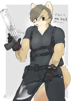 alternate_species anthro axe belt black_clothing blue_eyes brown_hair chest_rig clothing dialogue fur furrification gun hair handgun holding_melee_weapon holding_object holding_ranged_weapon holding_weapon male melee_weapon profanity ranged_weapon revolver rsh-12 solo standing tan_body tan_fur text tomahawk weapon minecraftsteve42069 capcom resident_evil resident_evil_requiem leon_kennedy canid canine canis domestic_dog mammal english_text hi_res