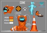 ambiguous_gender anthro duo feral footprint machine pawprint simple_background sitting text traffic_cone heartermobs cone_(character) ych_(character) protogen 2023 english_text hi_res model_sheet