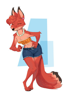 3_toes anthro big_tail bottomwear clothing denim denim_bottomwear denim_clothing denim_shorts digitigrade ear_accessory eyes_closed feet female fluffy fur gem hand_on_hip head_tuft jewelry long_tail necklace pearl_(gem) pearl_necklace pointy_ears red_body red_fur shorts simple_background smile snout solo tail toes topwear tube_top tuft ruffu unnamed_character canid canine fox mammal digital_drawing_(artwork) digital_media_(artwork)