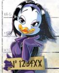 accessory anthro beak black_eyes black_hair chart clothing female hair headband height_chart holding_object holding_sign jail_placard jumpsuit lips long_hair looking_at_viewer makeup mugshot number placard sign simple_background smile solo tight_clothing unknown_artist disney kay_k anatid anseriform avian bird duck official_art