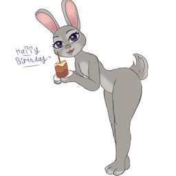 anthro birthday bodily_fluids butt cake chest_tuft dessert dialogue drooling feet female food fur grey_body looking_at_viewer nude ppixiebell purple_eyes saliva short_tail solo tail text tongue tongue_out tuft disney zootopia judy_hopps lagomorph leporid mammal rabbit 1:1 digital_media_(artwork) english_text hi_res
