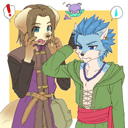anthro belt belt_pouch black_nose blue_body blue_fur bodily_fluids claws clothing curse cute_fangs duo ear_piercing ear_ring exclamation_point fangs fantasy finger_claws folded_ears fur gloves handwear jewelry kemono male multicolored_body multicolored_fur necklace piercing pointy_ears ring_piercing shirt speech_bubble sweat sweatdrop tan_body tan_fur teeth topwear tunic two_tone_body two_tone_fur teba_motoko dragon_quest_xi erik_(dragon_quest_xi) luminary_(dragon_quest) canid canine canis domestic_dog mammal wolf 1:1