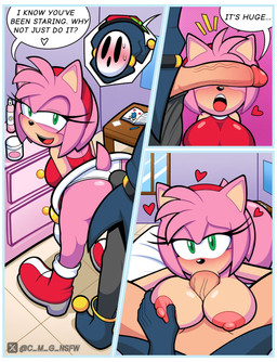 accessory anthro bed bedroom big_breasts big_butt big_penis blush boots border breast_play breasts butt clothing dialogue duo erection fellatio female footwear fur furniture genitals gloves green_eyes handwear headband heart_symbol male male/female nipples on_style oral panties penile penis penis_on_butt pink_body pink_fur pink_nipples purple_background sex shoes simple_background smile speech_bubble sucking surprised text thick_thighs titfuck underwear white_border white_clothing white_panties white_underwear c_m_g_nsfw idw_publishing mario_bros nintendo sega sonic_the_hedgehog_(comics) sonic_the_hedgehog_(idw) sonic_the_hedgehog_(series) amy_rose anti_groove eulipotyphlan hedgehog human mammal shyguy 2025 absurd_res comic english_text hi_res