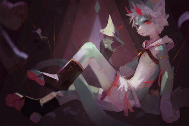 abstract_background anthro arm_tuft black_clothing black_footwear black_gloves black_handwear bottomwear cheek_tuft clothed clothing elbow_tuft facial_tuft footwear fur glistening glistening_eyes gloves green_body green_fur hair handwear holding_mask horn inner_ear_fluff male pants pawpads red_eyes red_horn red_pawpads side_view solo striped_body striped_fur stripes tuft unsigned white_body white_bottomwear white_clothing white_fur white_hair white_inner_ear_fluff white_mask white_pants carbonizedaki species_request 2022 3:2 digital_media_(artwork) digital_painting_(artwork) full-length_portrait hi_res painting_(artwork) portrait