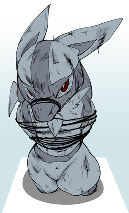 ambiguous_gender anthro bdsm bodily_fluids bondage bound crying featureless_crotch looking_at_viewer muzzle_(object) muzzled nude red_eyes simple_background solo spikes submissive submissive_ambiguous tears white_background jinnosound nintendo pokemon canid canine generation_4_pokemon lucario mammal pokemon_(species) 2015 digital_drawing_(artwork) digital_media_(artwork) hi_res